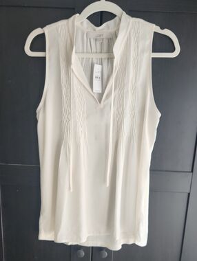 LOFT Cream Sleeveless Pintuck Tie-Neck Shell